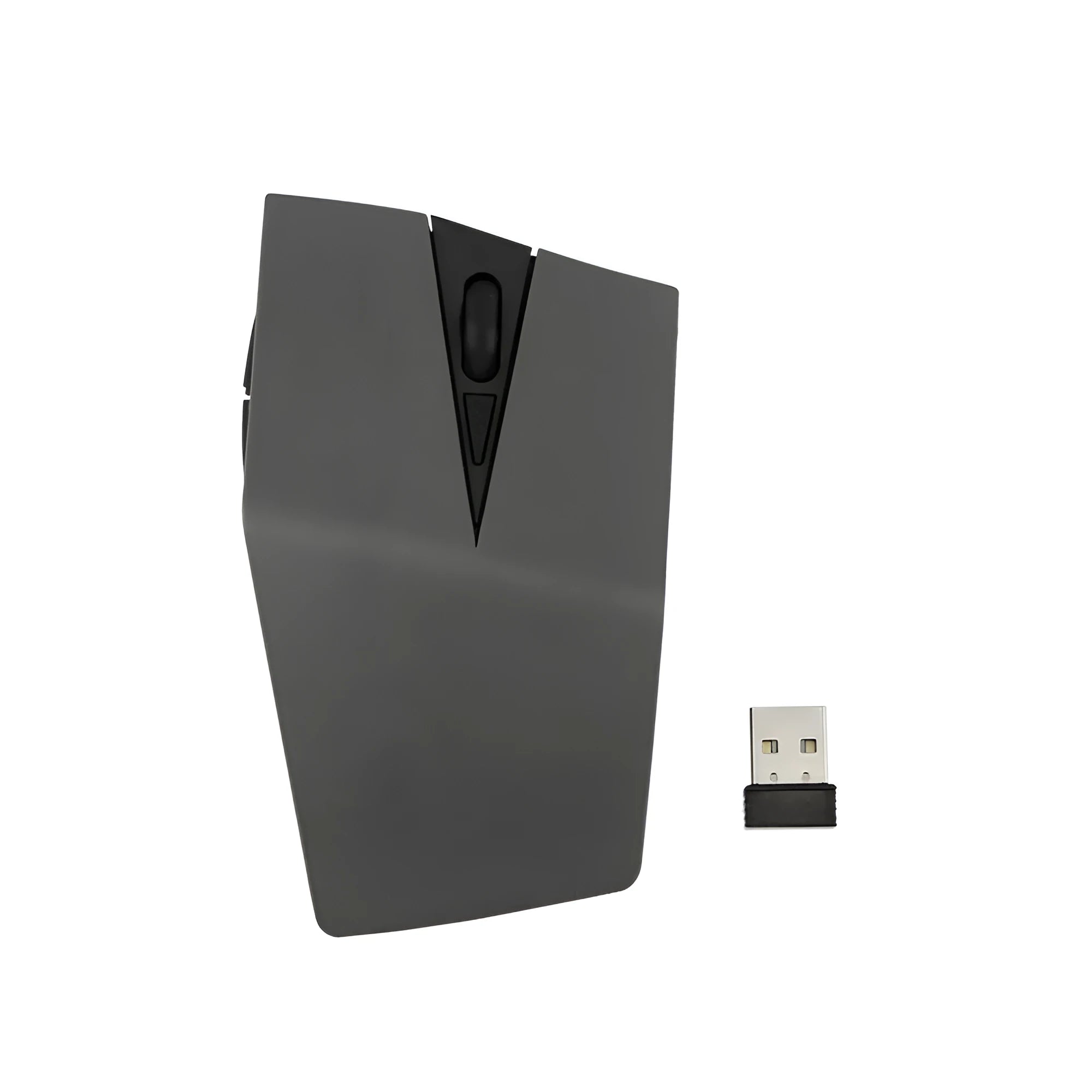 Wireless invisible mouse in gold colour beside laptop with USB receiver