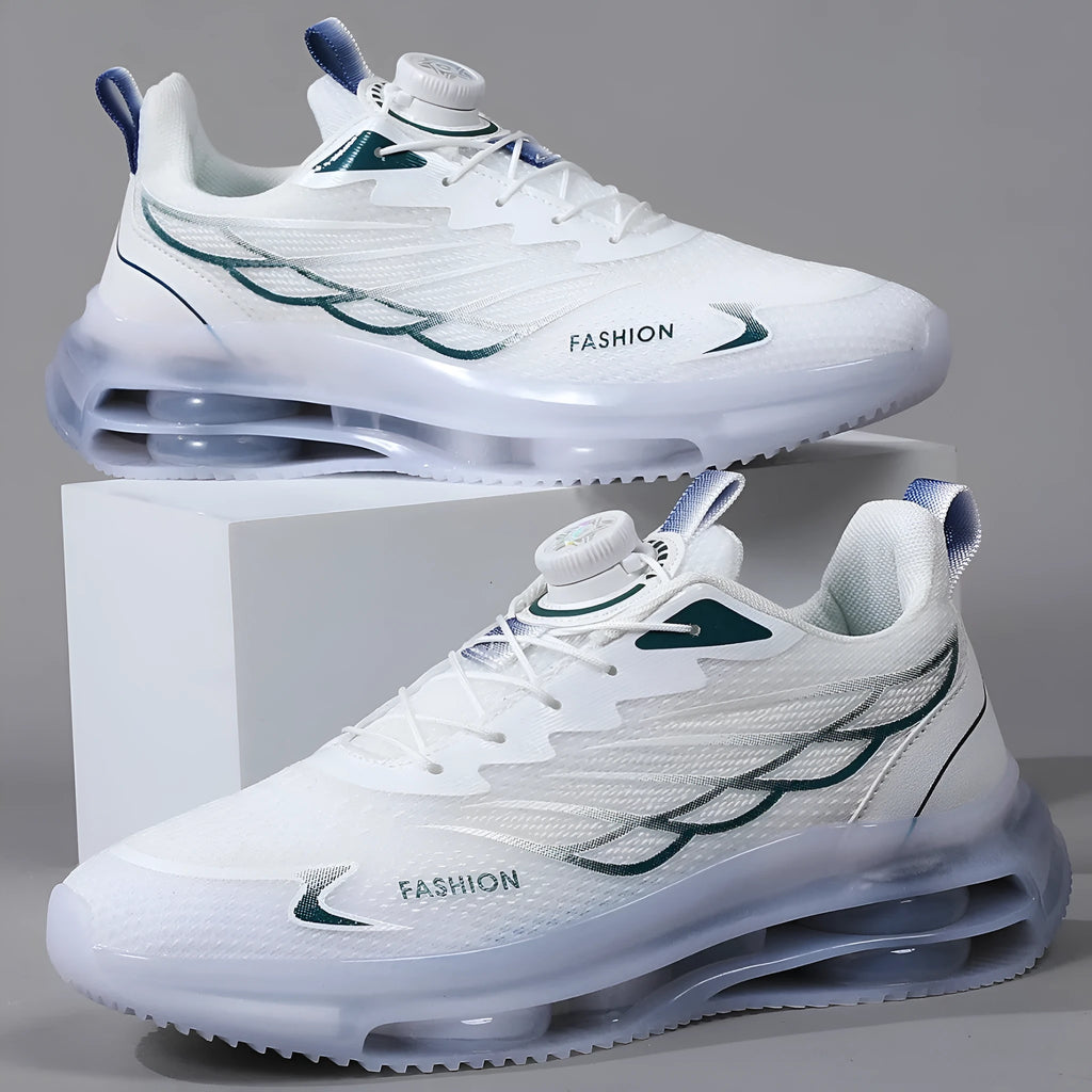 White men's casual running shoes with a rotating button closure and mesh upper on a flat rubber sole.
