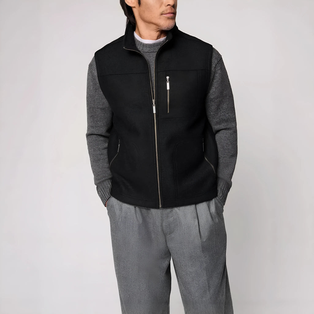 Men's fine autumn and winter blended thermal zipper vest in black, solid colour with zip front