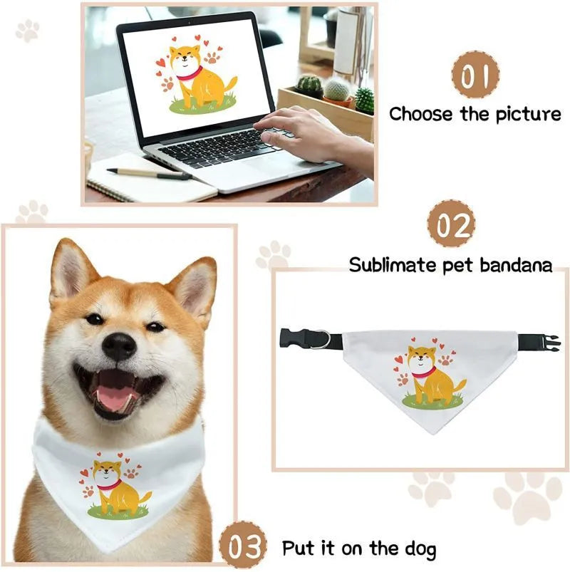 Blank white polyester dog scarf shown flat with dimensions for four size options available for thermal transfer customisation