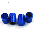 Aluminium car tyre valve dust cap in four colour options: black, blue, grey, and red.