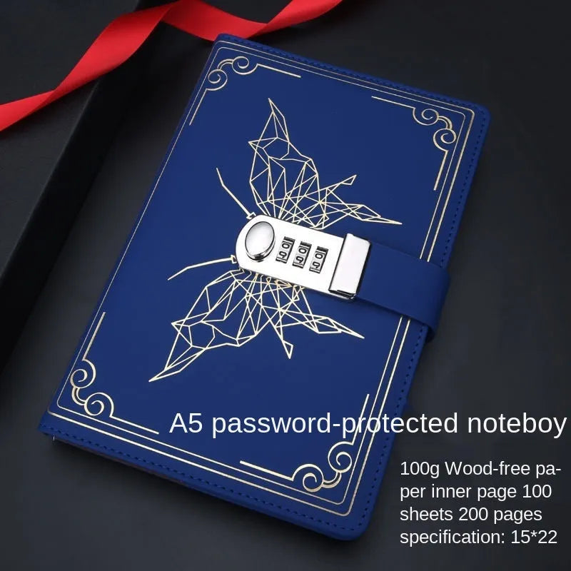 Retro butterfly PU notebook with password lock in black, A5 size