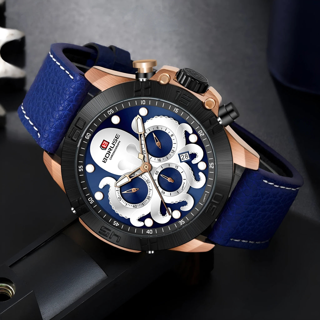 Men's octopus design waterproof quartz watch with luminous display in blue or black colour options