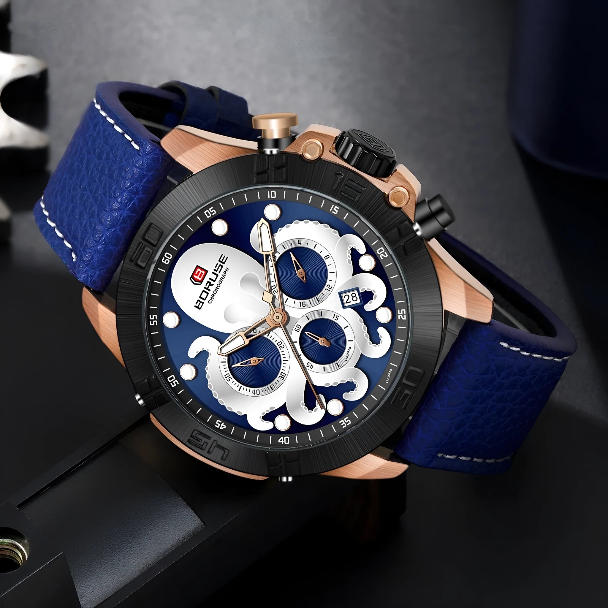 Men's octopus design waterproof quartz watch with luminous display in blue or black colour options