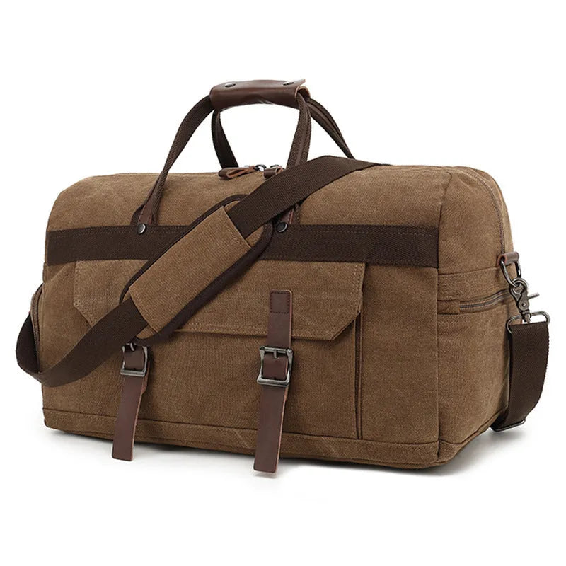 Large capacity crossbody travel bag in canvas material with sewing line details and polyester lining