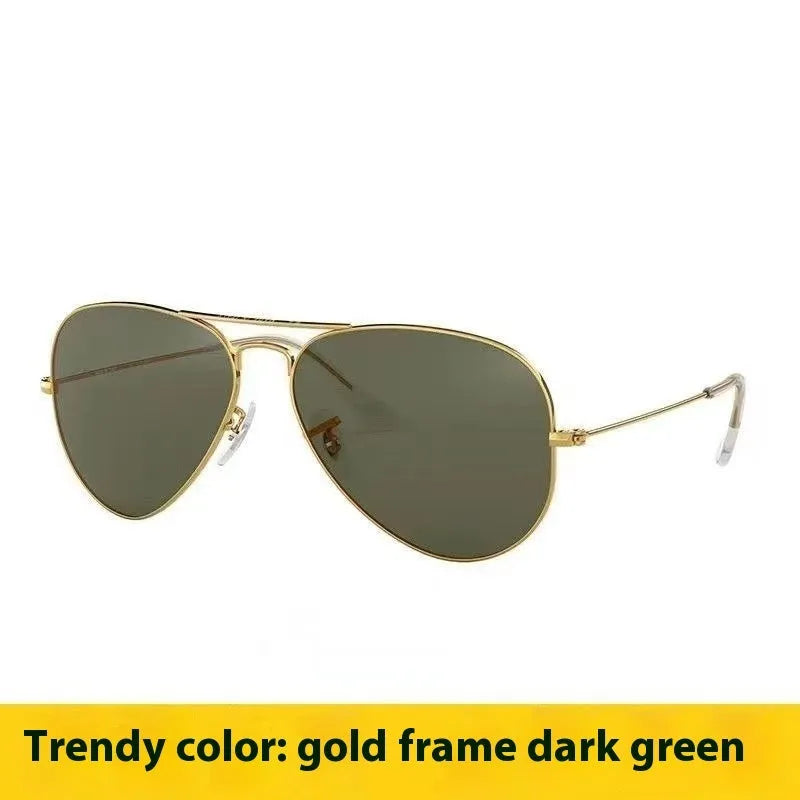 Tempered glass sunglasses with metal frame in black, gold, or silver, featuring dark green or gradient blue lenses.