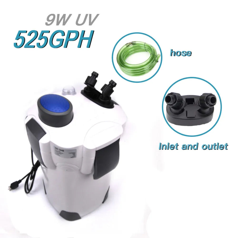 HW-304B external canister filter with UV lamp for aquarium water purification, black plastic and metal construction