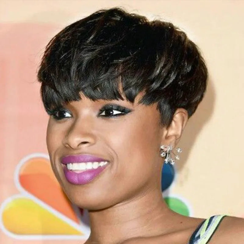 Women's short hair side differentiated headgear wig in high temperature wire with oblique bangs, available in black, dark brown, and light brown