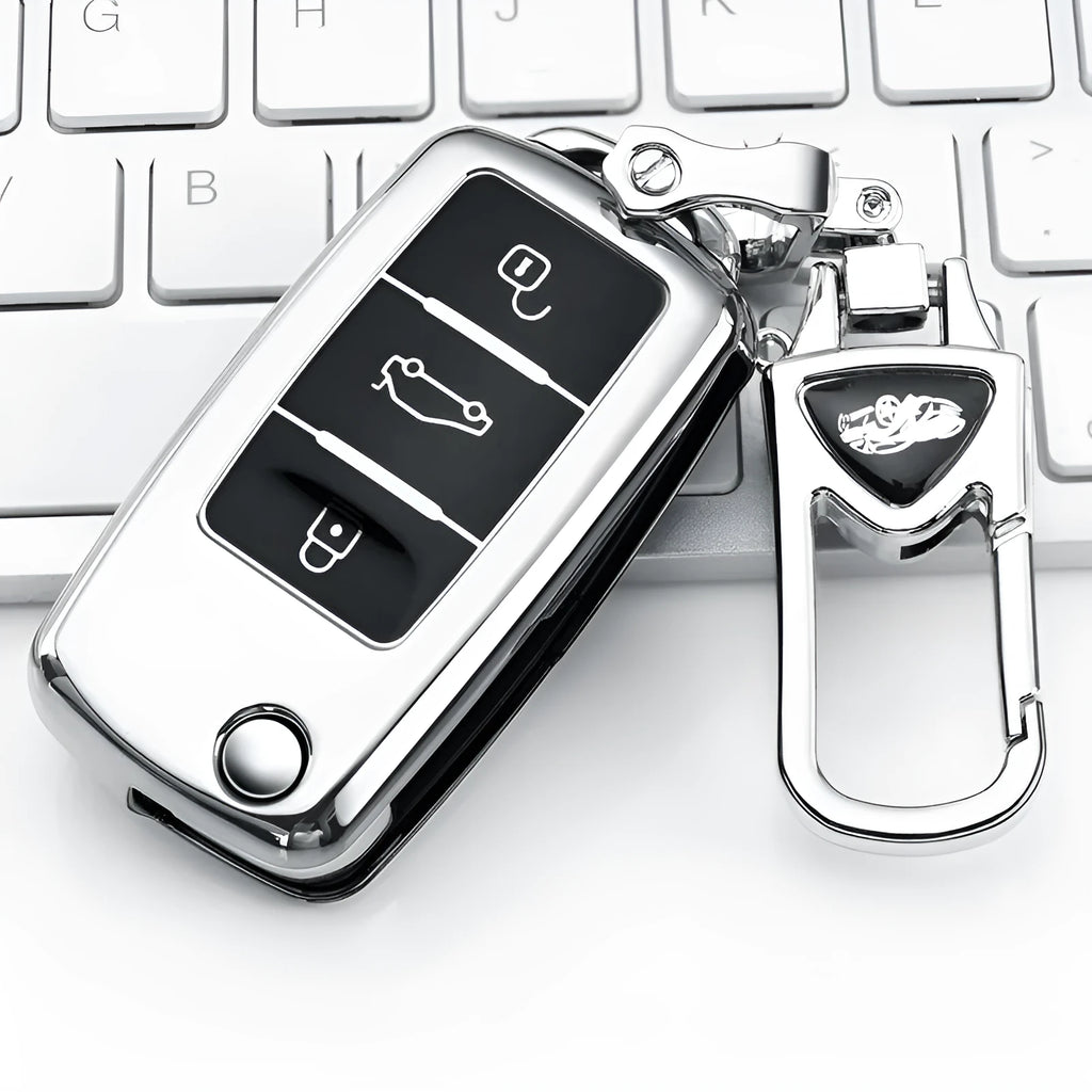 TPU protective case for a Volkswagen Model A car key fob with folding key blade, shown in Gem Blue colour.