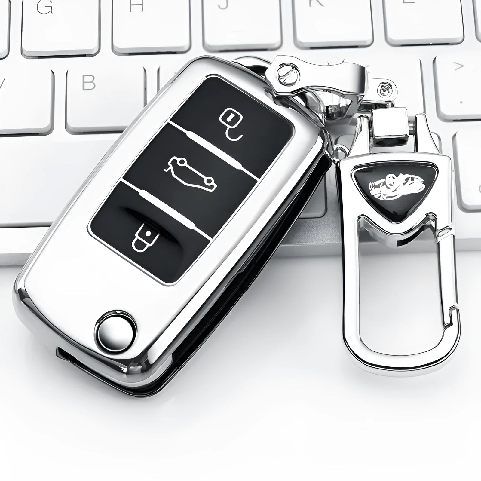 TPU protective case for a Volkswagen Model A car key fob with folding key blade, shown in Gem Blue colour.