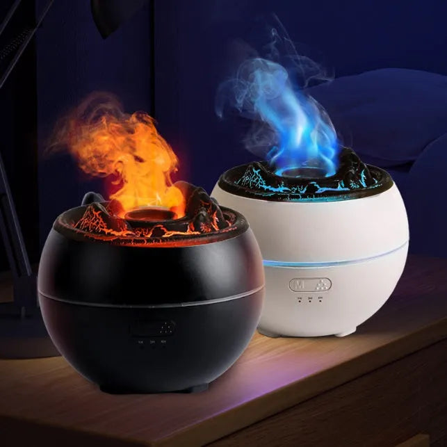 White crack-style flame aroma diffuser on a desk with mist and timer buttons visible