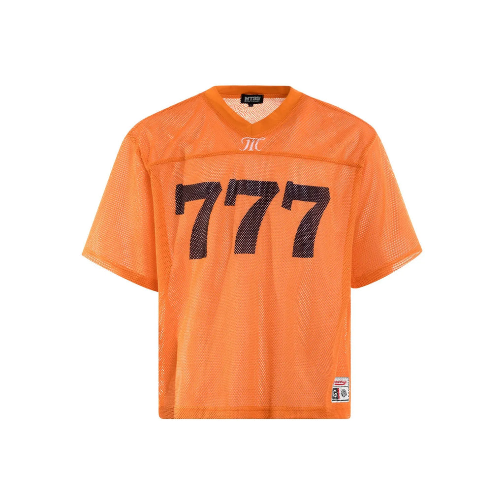 Man's loose fit retro style t-shirt in purple, shown on a hanger.