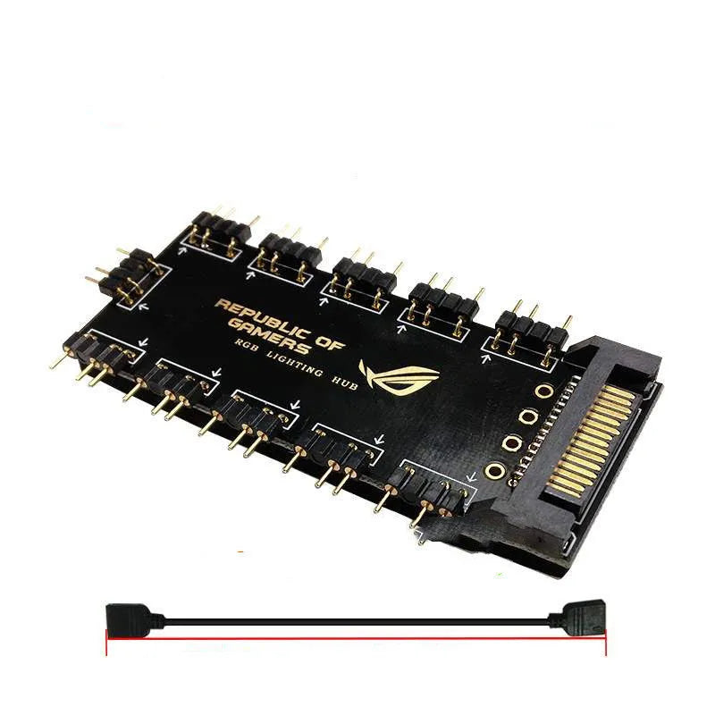 Black AURA RGB 10-port 5V ARGB hub with SATA power connector for PC lighting control.