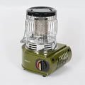 Multifunctional outdoor camping stove heater in army green with gas canister connection point