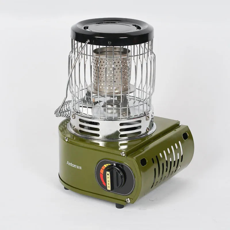 Multifunctional outdoor camping stove heater in army green with gas canister connection point