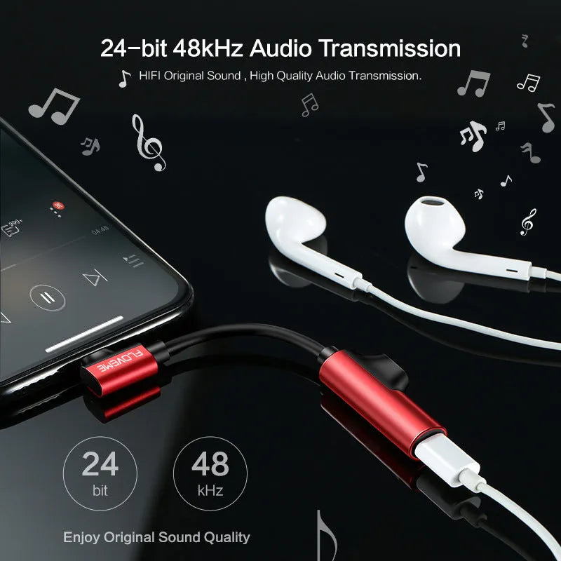 Black Lightning to 3.5mm audio adapter with charging port for iPhone headphones and power