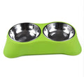 Sunscreen silicone pet double bowl with non-slip base, stainless steel interior, available in Blue, Green, and Rose Red