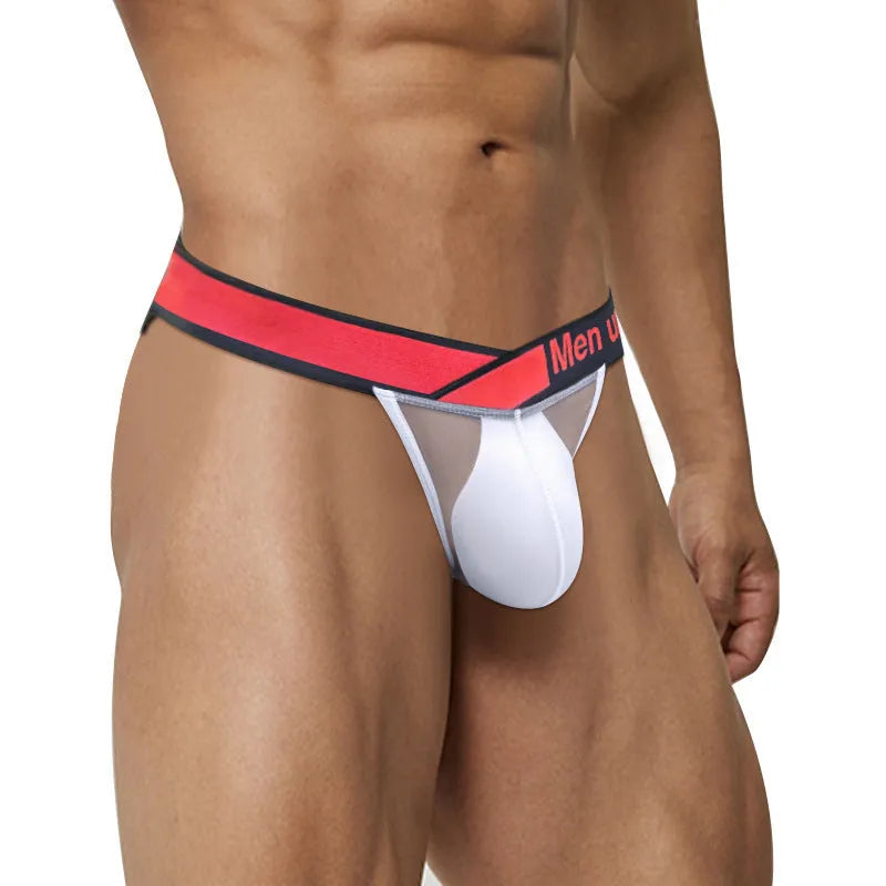 Men's transparent ice silk briefs in red, featuring a low waist and large V gradient design.
