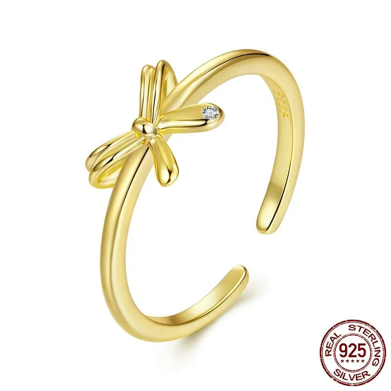 S925 sterling silver bow open ring with adjustable opening in silver finish