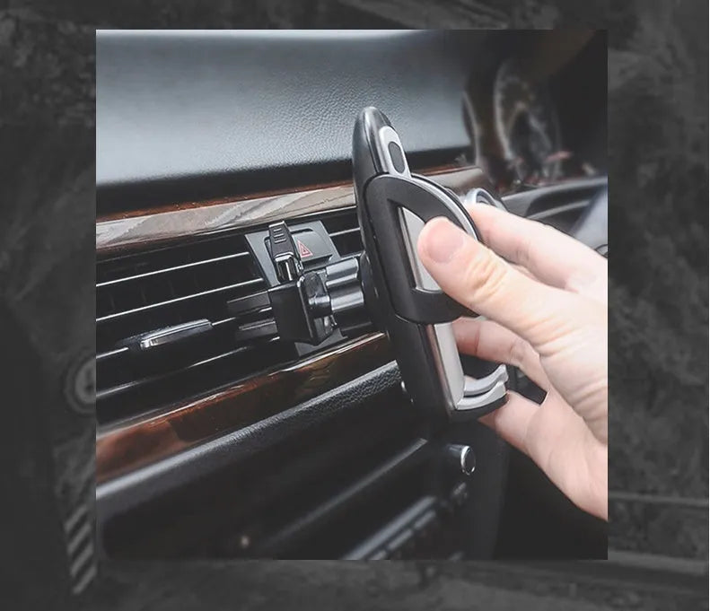 Black ABS plastic car air vent phone holder with adjustable gooseneck arm and universal phone clamp