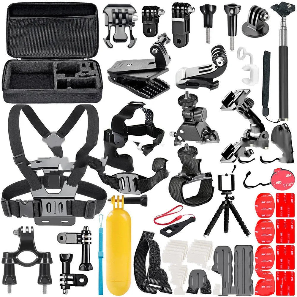 Black GoPro accessory set containing chest strap, helmet mount and tripod adapter for Hero cameras