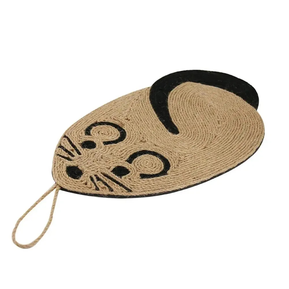 Panda pattern cat scratching mat with sisal surface on grey EVA base, showing dimensions.
