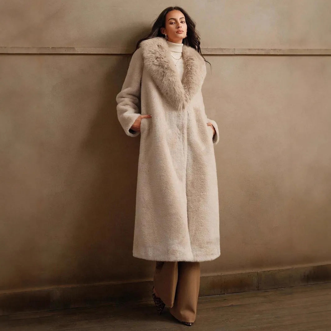 Women's lengthened faux fur winter coat in camel colour with regular sleeves