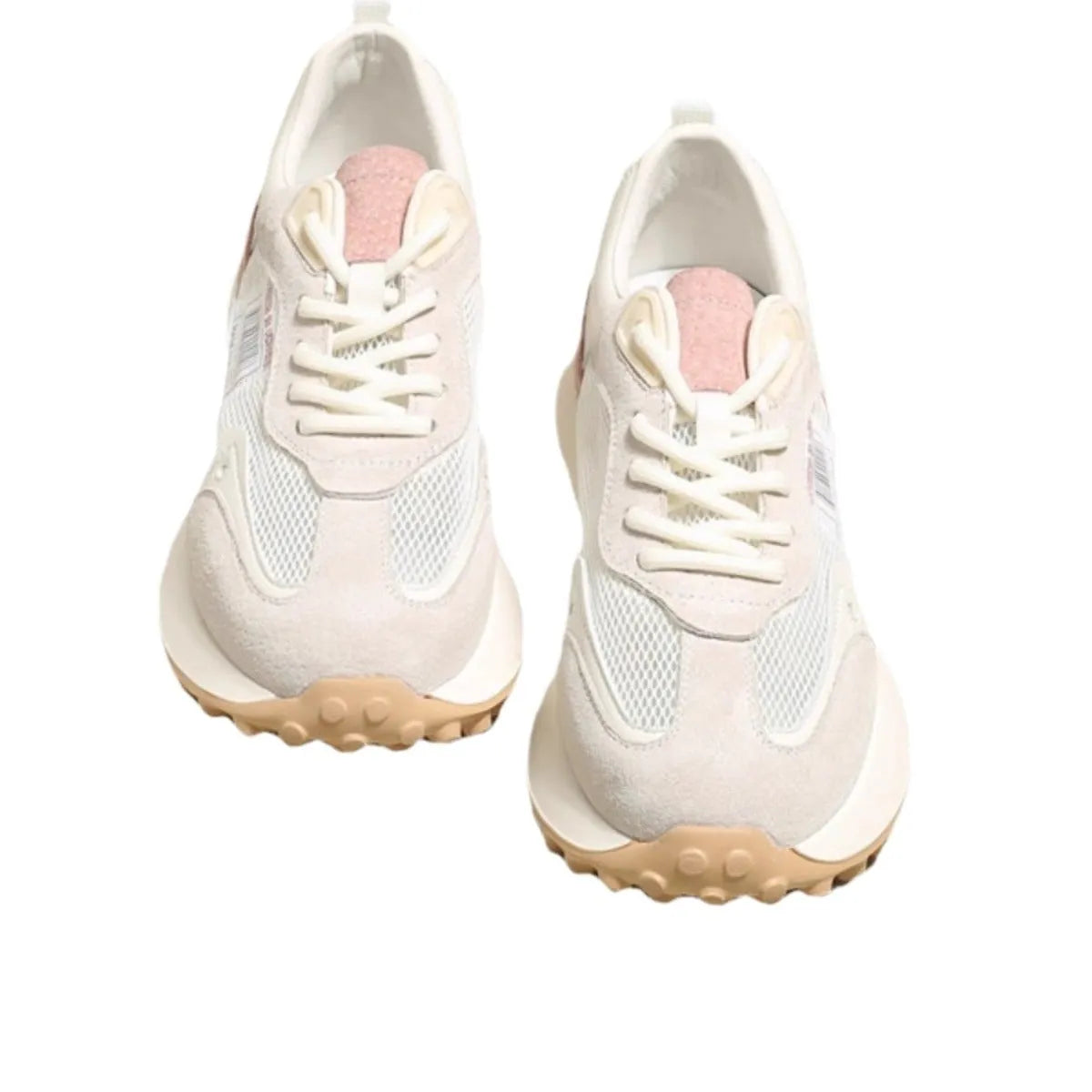 Women's grey and pink retro sneakers with low-top design and rubber soles