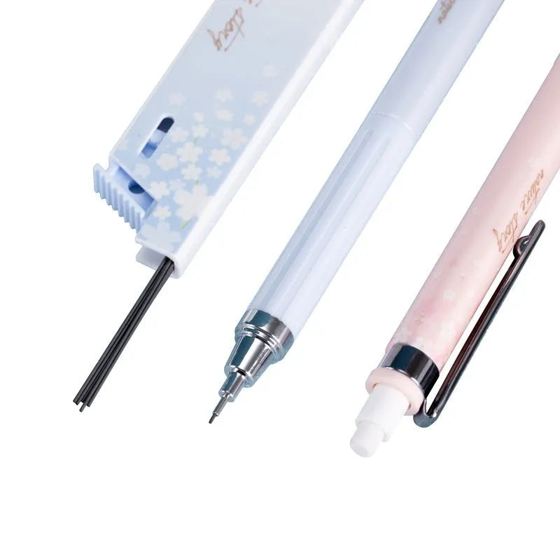 Set of three 0.5mm automatic cartoon pencils with HB lead refills in mixed colours.