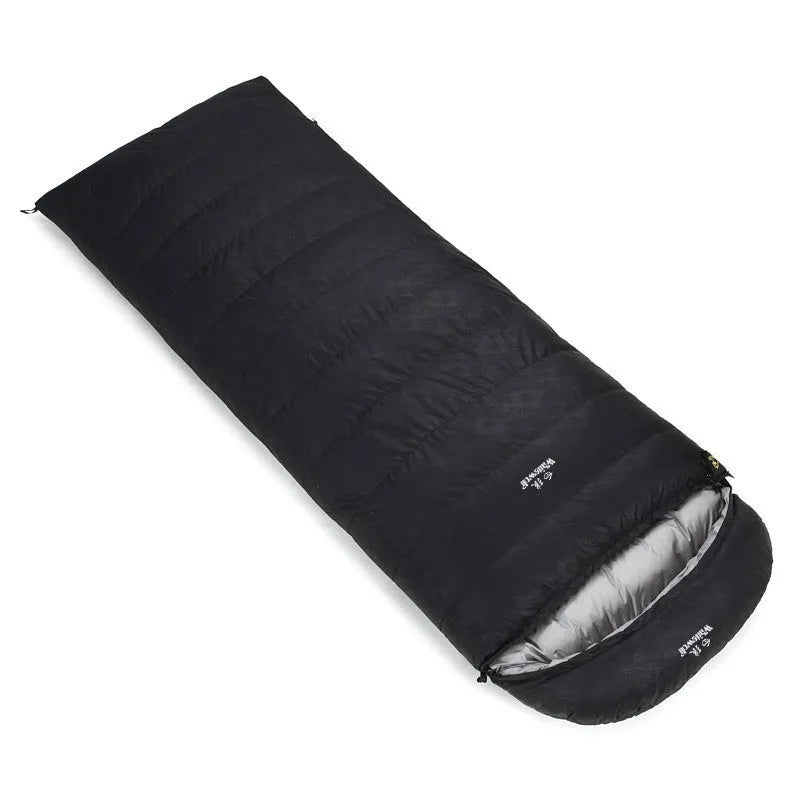 Black outdoor sleeping bag with white goose down filler and envelope structure design