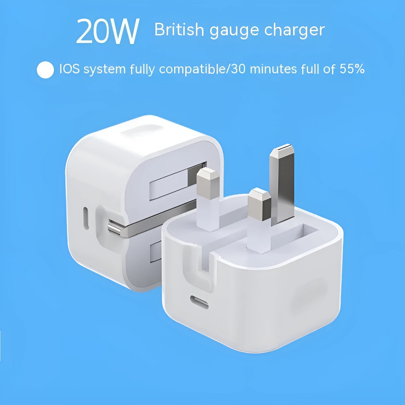 White 20W UK plug USB-C fast charger with a coiled Type-C charging cable.