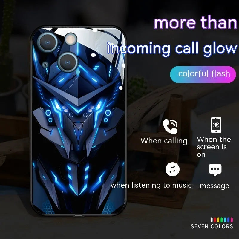 Glass phone case with light-emitting mech cartoon design for Apple iPhone