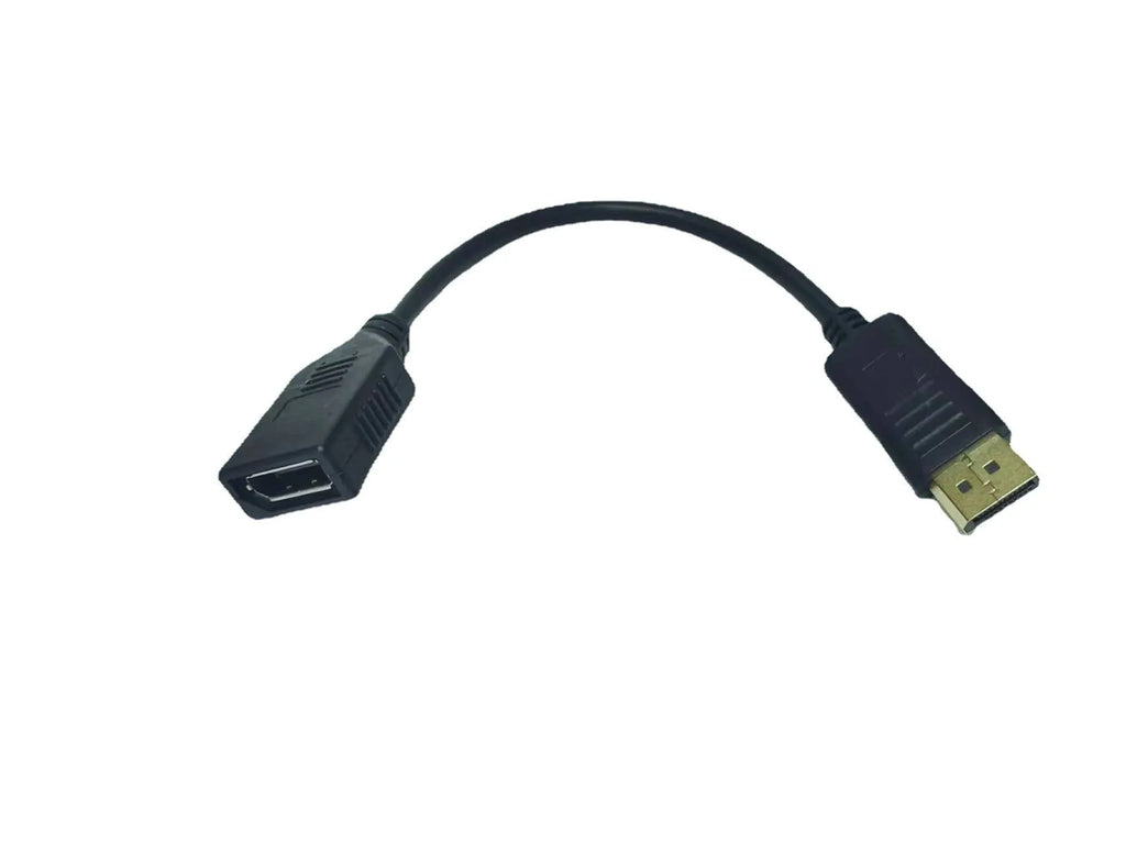 Black DisplayPort DP male to female extension cable with rotating connector, approximately 10cm length
