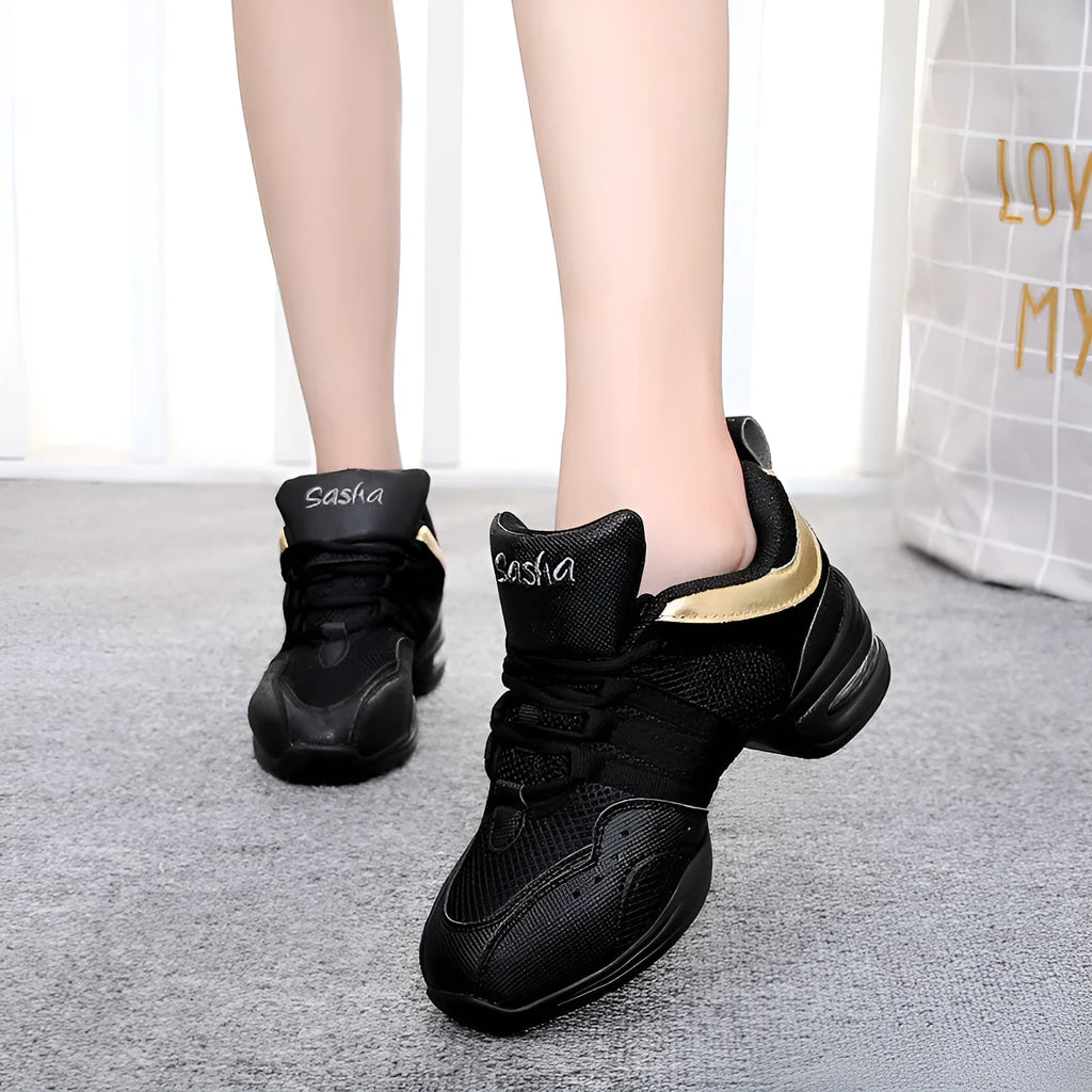 Modern jazz dance air cushion elevator shoes for women in black colour with cotton mesh upper