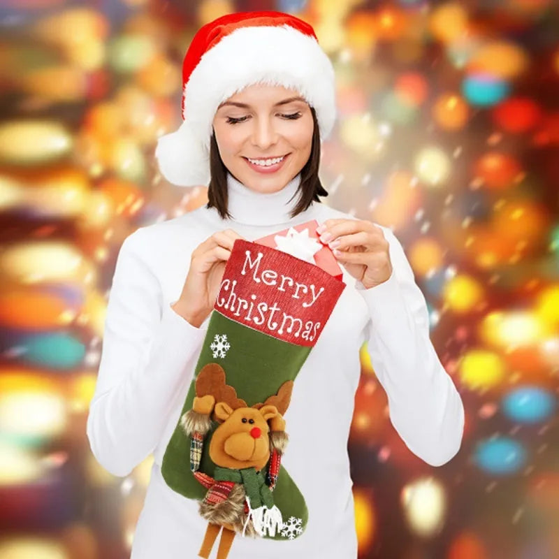 Set of three large red, white, and brown Christmas stockings featuring Santa, Snowman, and Reindeer 3D designs.