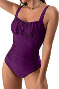 Square neck one-piece bikini swimsuit with pleated solid colour design
