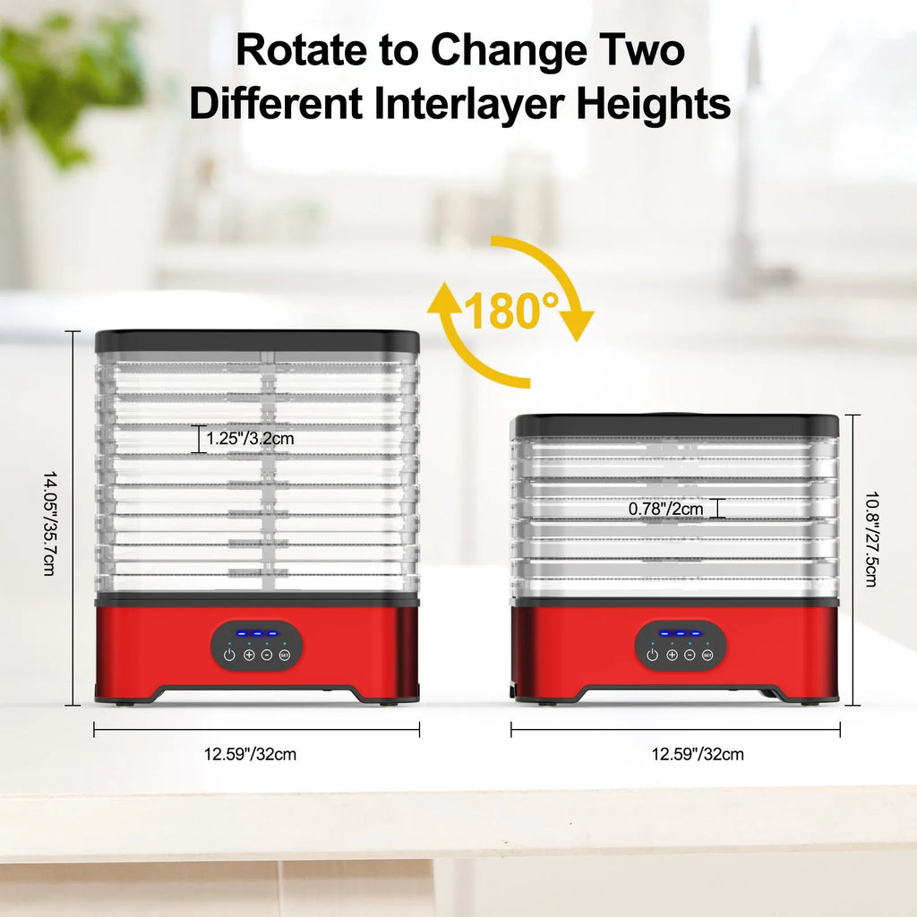 Silver and red household food dehydrator with 8 stacking trays, showing compact design and control panel.