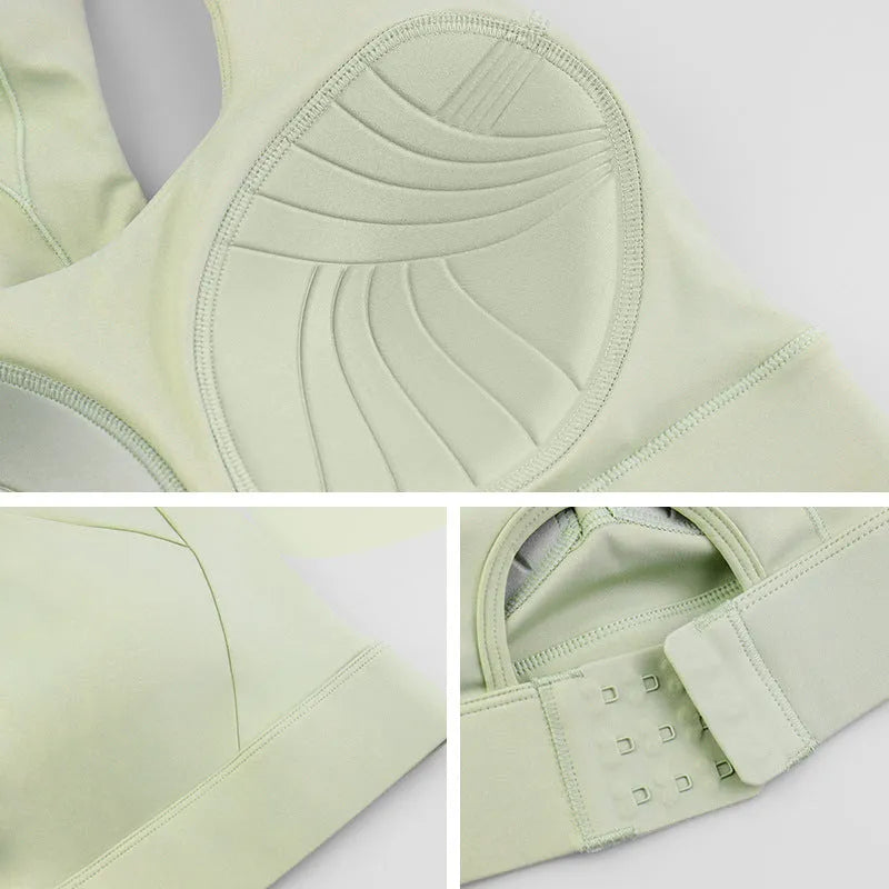 Women's 3/4 cup sports bra in nylon with fixed double shoulder straps, shown in Autumn Fragrance Green.