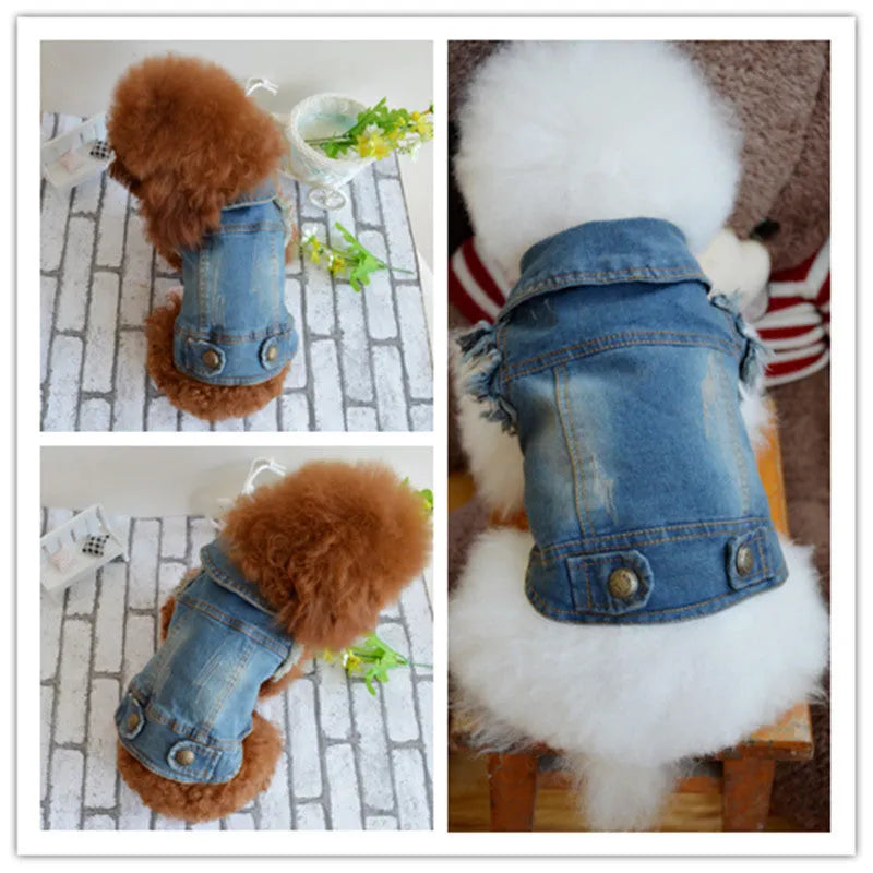 Retro scratch pattern denim dog vest in dark and light wash colours on a mannequin, showing vest style.