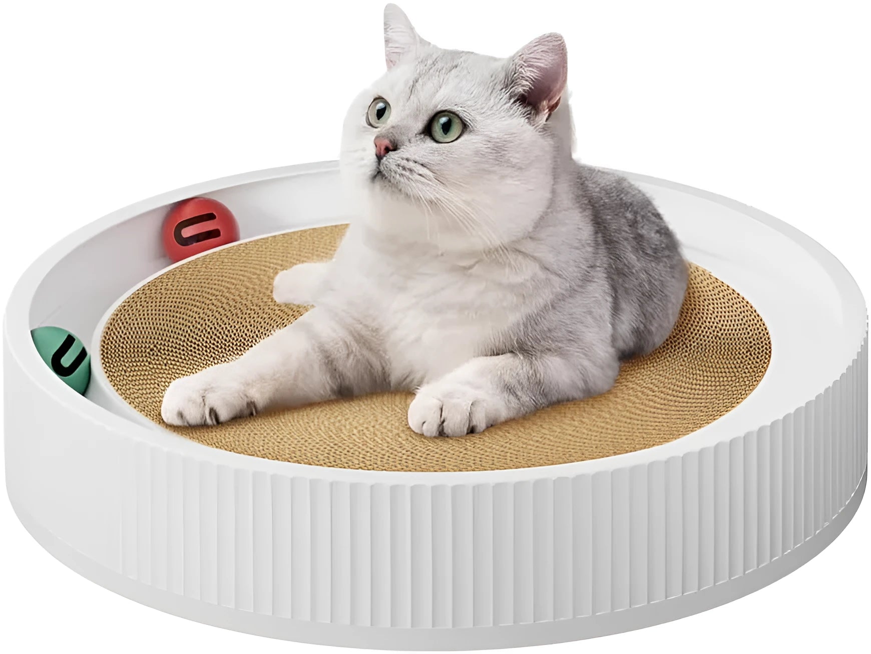 Large green circular cat scratching board with bell balls and replaceable cardboard core