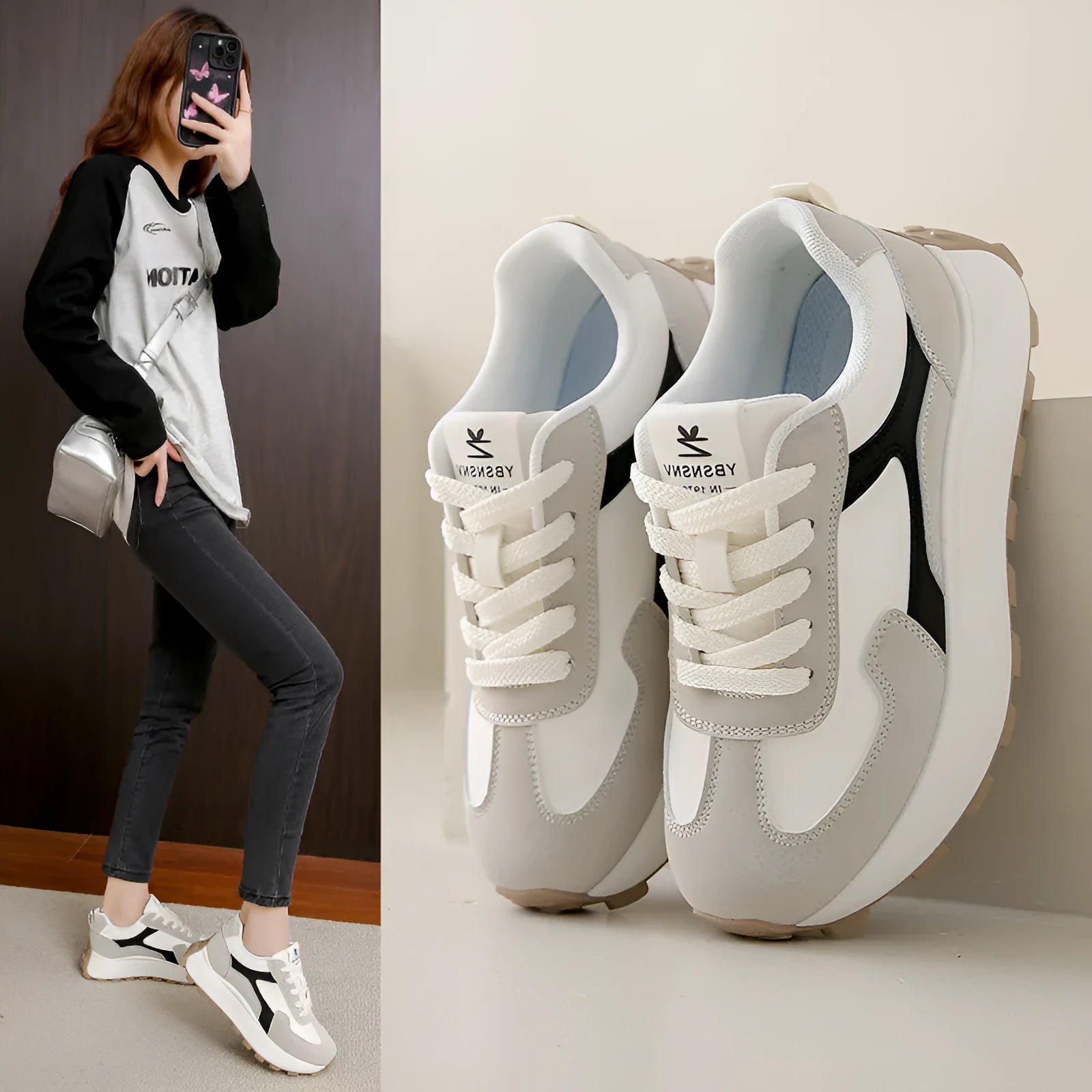 Women's low-top platform sports shoes in card black with front lace-up and flat rubber sole.