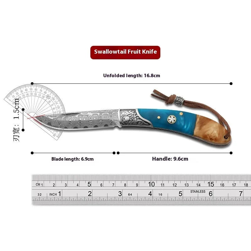 VG10 stainless steel folding knife with handmade national style dovetail patterning in blue or red options