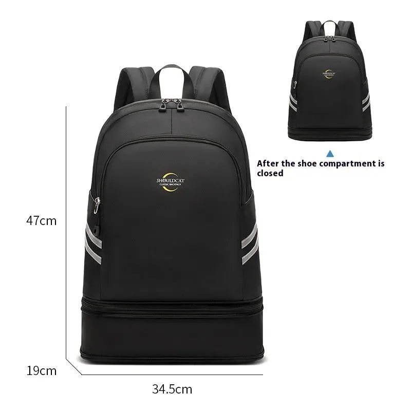 Large capacity dry wet separation travel backpack in beige colour with curved shoulder straps and breathable back panel