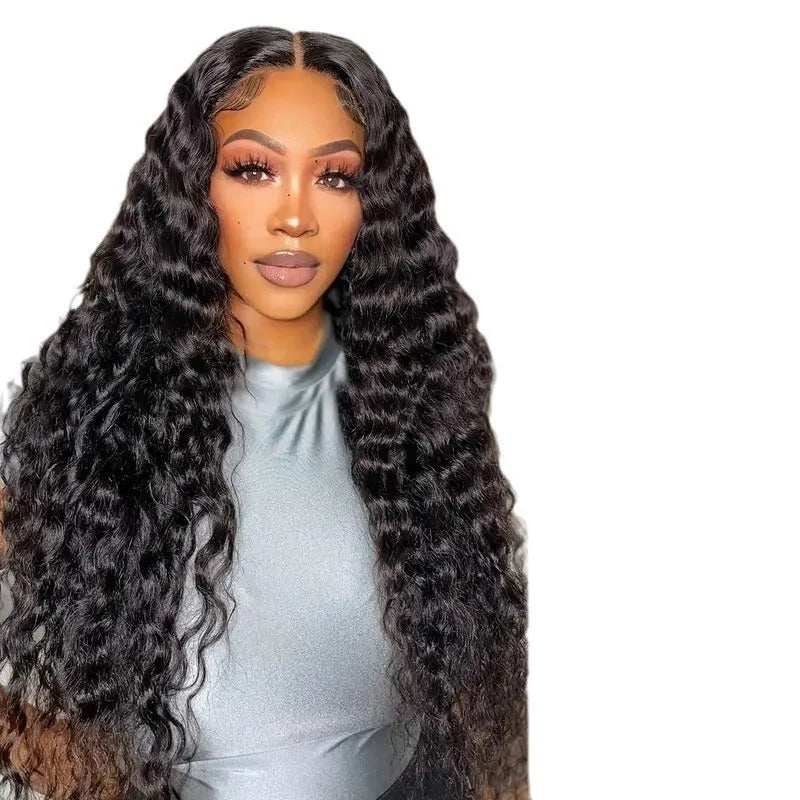 Front lace synthetic wig in black with long curly hair and side bangs, natural look