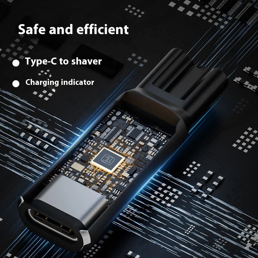 USB-C charging adapter for electric shavers with aluminium alloy casing in black or grey