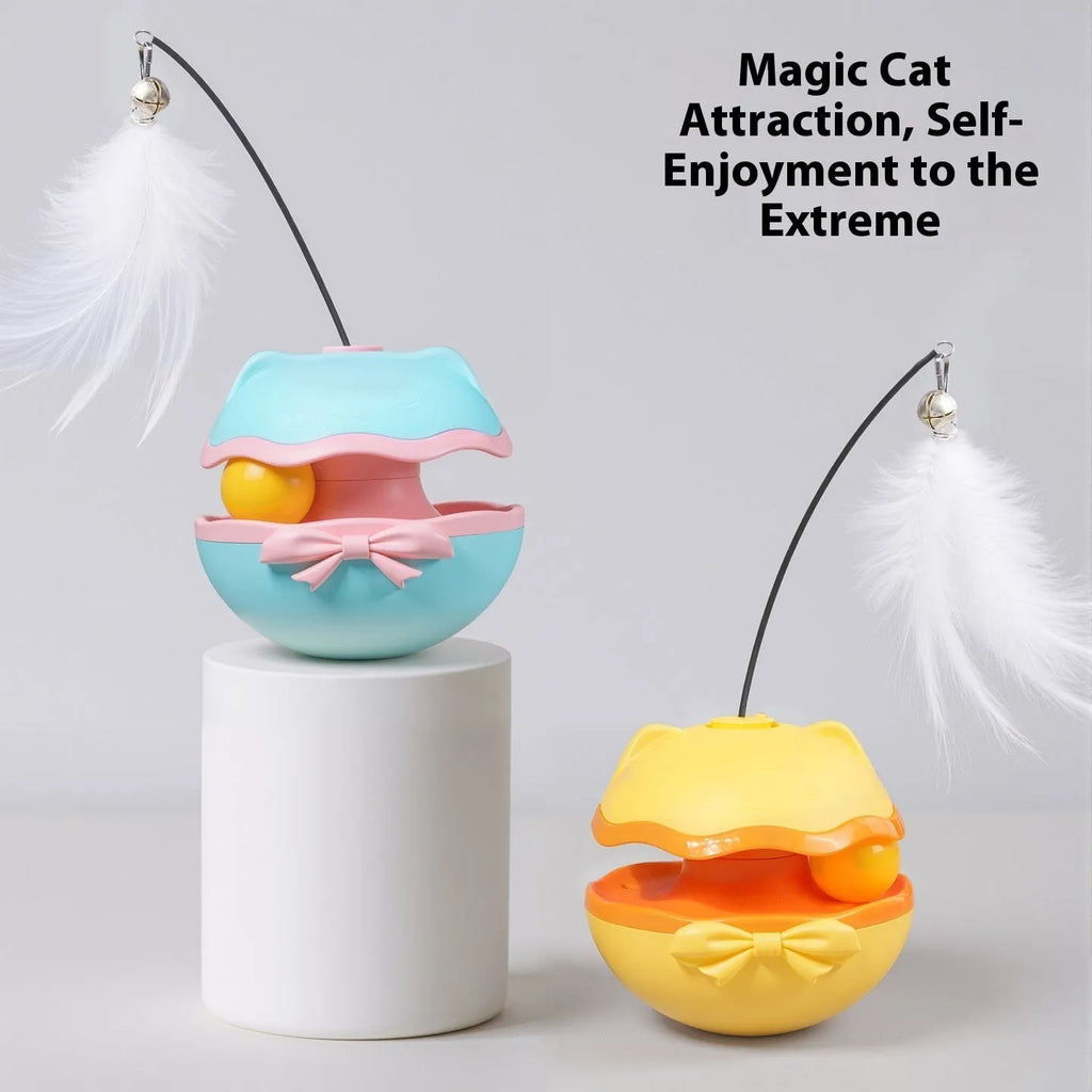 Electric self-propelled cat teaser tumbler toy in lemon yellow, sky blue, or soft fog grey.
