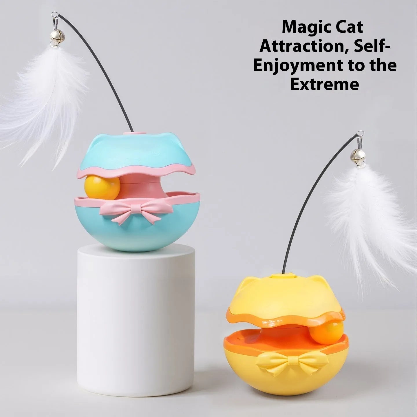 Electric self-propelled cat teaser tumbler toy in lemon yellow, sky blue, or soft fog grey.