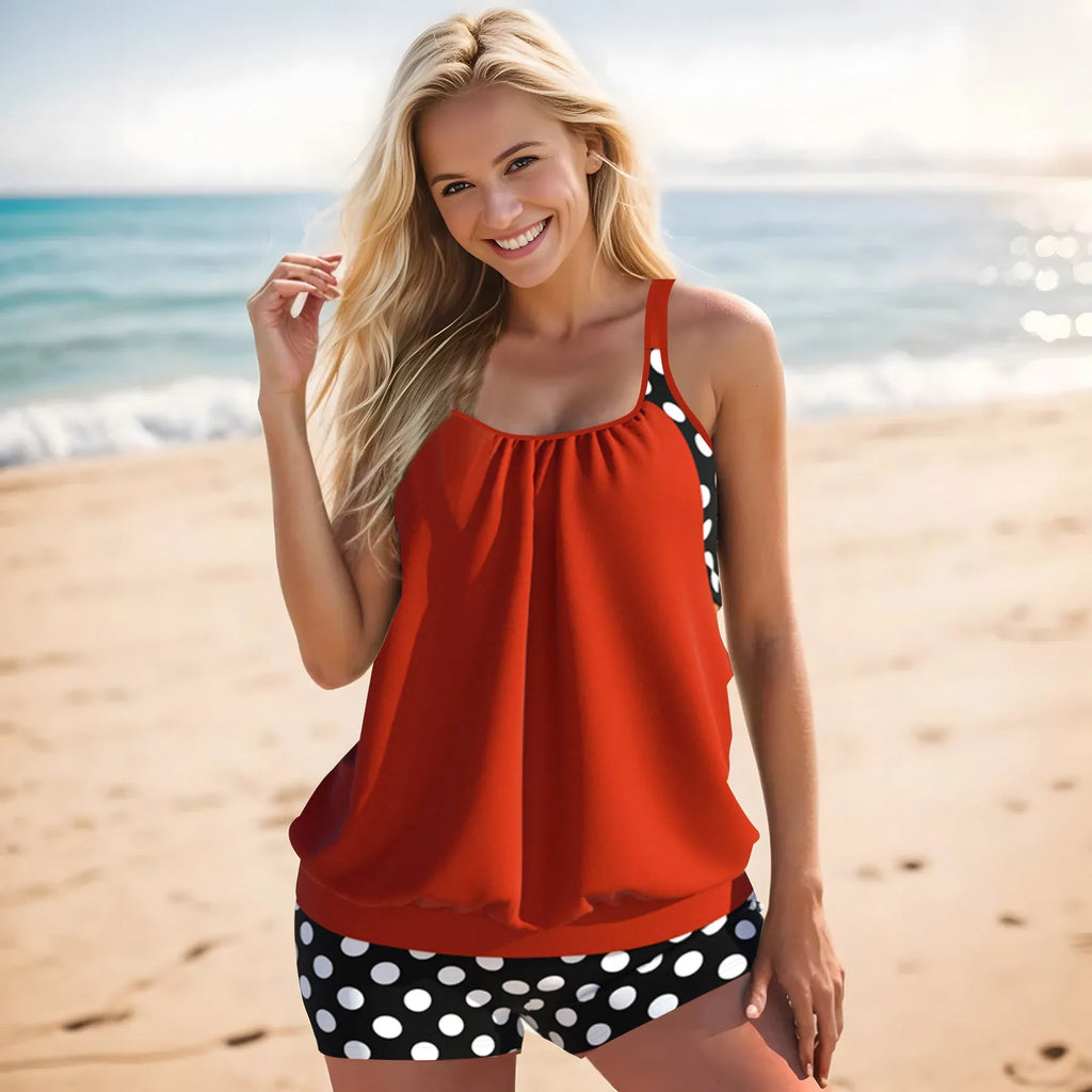 Women's black polka dot high-waist boxer swimsuit briefs on a mannequin.