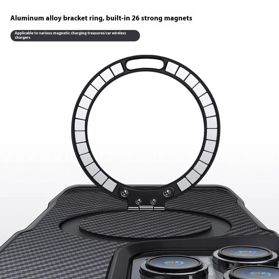 Carbon fiber magnetic bracket phone case for iPhone 16 Pro Max in black with frosted finish and built-in stand