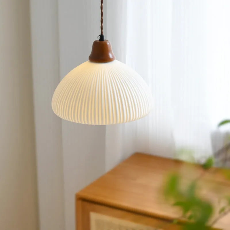 Solid wood and ceramic Japanese-style chandelier with short mushroom shade for study or bedroom ceiling